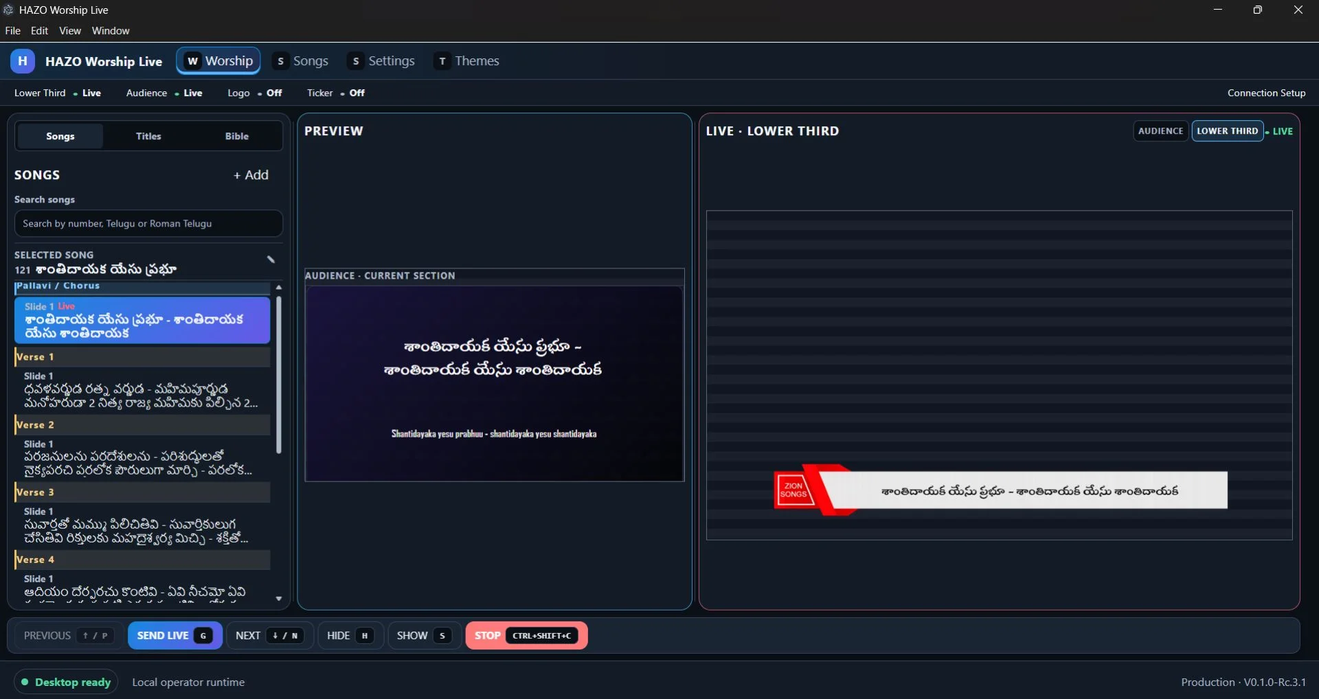 HAZO Worship Presenter desktop interface showing song selection, audience preview, live lower third output and presentation controls